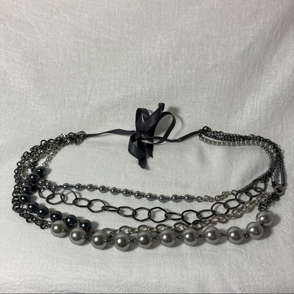 Metallic Pearly Bead and Chain Multi-Strand Necklace EUC